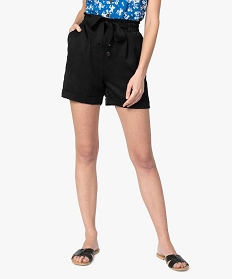 short femme uni avec taille elastiquee et ceinture a nouer noir shorts9497401_1