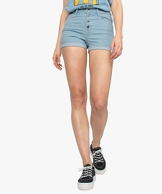 GEMO Short en jean femme taille haute avec revers cousus Bleu