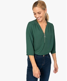 blouse femme avec col v zippe et empiecement dentelle vert blouses9528001_1