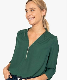 blouse femme avec col v zippe et empiecement dentelle vert blouses9528001_2