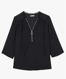 blouse femme avec col v zippe et empiecement dentelle noir blouses9528501_4