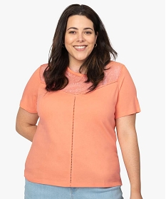 tee-shirt femme a manches courtes avec decollete en dentelle orange9553501_1