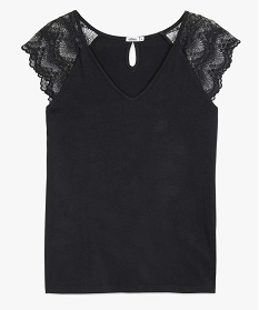 tee-shirt femme col v avec epaules en dentelle noir t-shirts manches courtes9556501_4