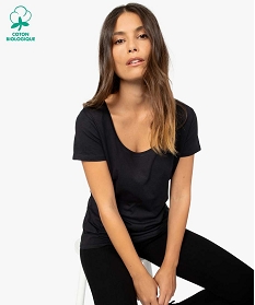 GEMO Tee-shirt femme uni à col rond et manches courtes Noir