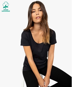 tee-shirt femme uni a col rond et manches courtes noir9562701_1