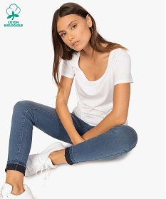 GEMO Tee-shirt femme uni à col rond et manches courtes Blanc