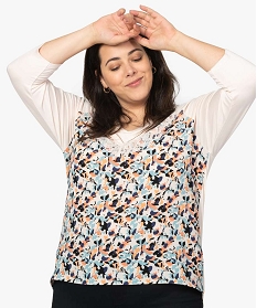 GEMO Tee-shirt femme à manches 34 bicolore et bi-matières Imprimé