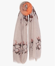 foulard femme en maille gaufree, motifs fleuris et paillettes beige9647501_1