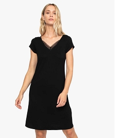 GEMO Chemise de nuit en maille extensible avec col V en dentelle femme Noir