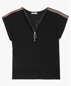 tee-shirt fille avec col v zippe et bandes sur les epaules noir9856801_1