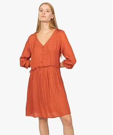 robe femme midi a manches longues en satin imprime orangeA135601_1