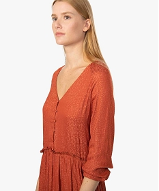 robe femme midi a manches longues en satin imprime orange robesA135601_2