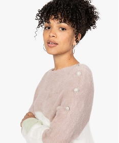 pull femme tricolore en maille peluche avec boutons strass sur lepaule imprime pullsA142901_2