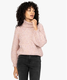 pull femme a col roule et grosse maille douce rose pullsA143001_1