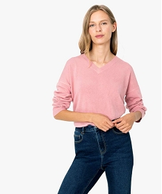 pull femme a fentes laterales et col v roseA145601_1