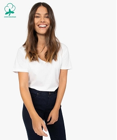 GEMO Tee-shirt femme à col V et manches courtes Blanc