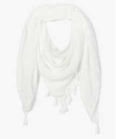 foulard femme uni en maille texturee et finitions pompons blancA216101_1