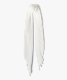 foulard femme uni en maille texturee et finitions pompons blanc standard foulardsA216101_3