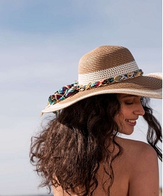 chapeau femme forme capeline en paille tricolore beigeA511701_3