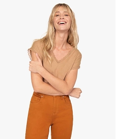 GEMO Tee-shirt femme à manches courtes avec col V en dentelle Orange