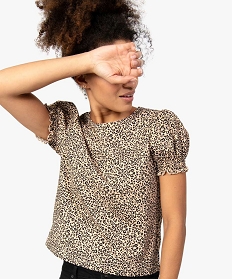 tee-shirt femme imprime a manches froncees brunA690501_1