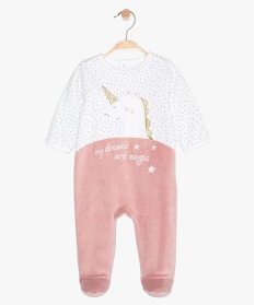 GEMO Pyjama bébé en velours motif licorne à pont-dos pressionné Rose