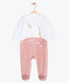 pyjama bebe en velours motif licorne a pont-dos pressionne rose pyjamas veloursA750601_1