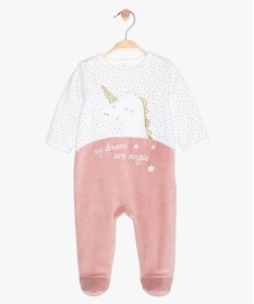 pyjama bebe en velours motif licorne a pont-dos pressionne roseA750601_4
