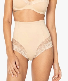 GEMO Culotte femme taille haute gainante en dentelle et microfibre Beige