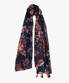 foulard femme fleuri avec petits pompons bleuA901701_1