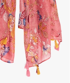 foulard femme fleuri avec petits pompons roseA901801_2