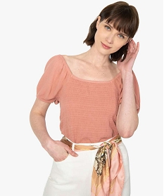 GEMO Blouse femme avec buste smocké et larges manches Rose