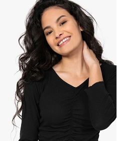 tee-shirt femme en maille cotelee fronce sur lavant noir t-shirts manches longuesA945101_2