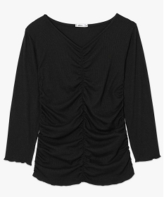 tee-shirt femme en maille cotelee fronce sur lavant noir t-shirts manches longuesA945101_4