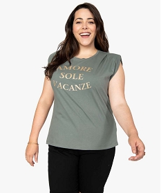 GEMO Tee-shirt femme à épaulettes avec message pailleté Vert