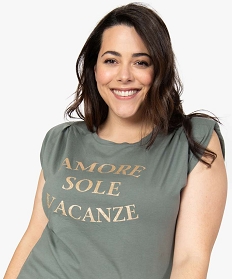tee-shirt femme grande taille a epaulettes avec message paillete vert t-shirts en cotonB215501_2