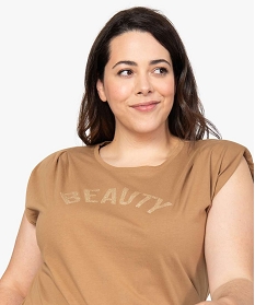 tee-shirt femme grande taille a epaulettes avec message paillete orange t-shirts en cotonB215601_2
