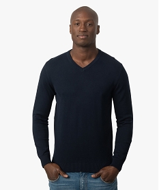 pull homme a col v en coton fin bleu pullsB362201_1