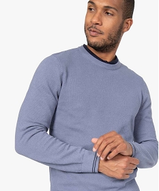 pull homme a col rond en maille fantaisie et liseres au poignet bleu pullsB363701_2