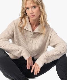 pull femme avec col camionneur et boutons strass beige pullsB402601_2