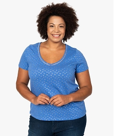 GEMO Tee-shirt femme grande taille à col V et détails brillants Bleu