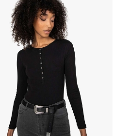 tee-shirt femme a manches longues en maille cotelee noir t-shirts manches longuesB417101_2