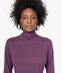 tee-shirt femme en maille cotelee manches longues et col montant violet t-shirts manches longuesB418901_2