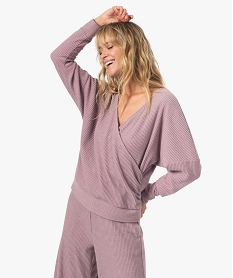 haut de pyjama femme cache-cœur en maille cotelee extra douce violet hauts de pyjamaB501301_1