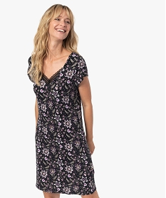 GEMO Chemise de nuit en maille extensible avec col V en dentelle femme Imprimé