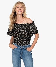 tee-shirt femme imprime avec large col fronce brunB595001_2
