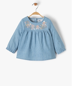 blouse bebe fille en chambray avec motifs brodes bleuB620601_1