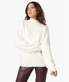 pull femme en maille douce avec col montant beige pullsB764601_1