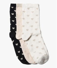 GEMO Chaussettes femme tige haute à cœurs et paillettes (lot de 3) blanc standard