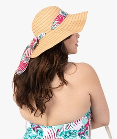 chapeau femme en paille de papier avec foulard imprime beigeB953501_3